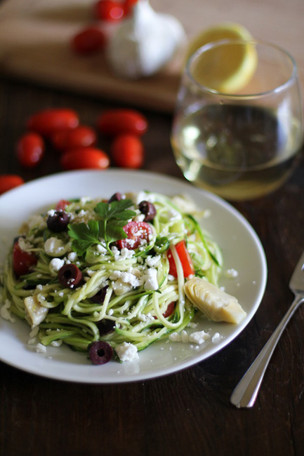 Zucchini Noodles With Artichokes Hearts, Tomatoes, Kalamata Olives, And Feta Cheese