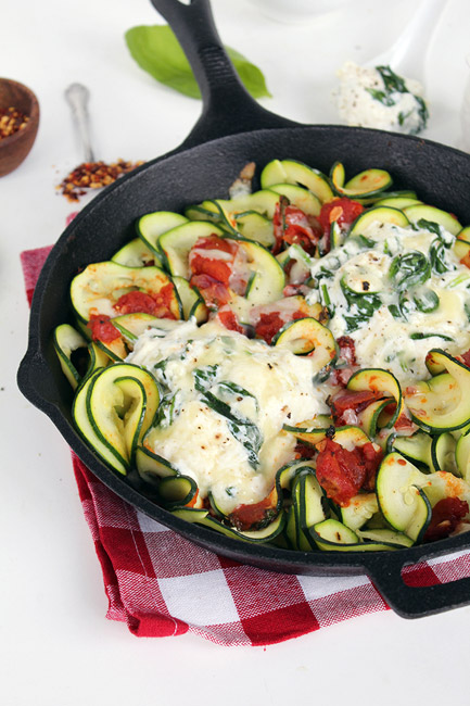 Zucchini Noodles With Tomato Sauce, Mozzarella, and Parmesan